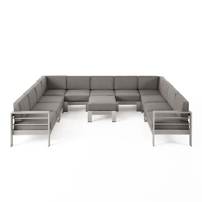 Freda Outdoor 11 Seater Aluminum U-Shaped Sofa Sectional and Ottoman Set-image
