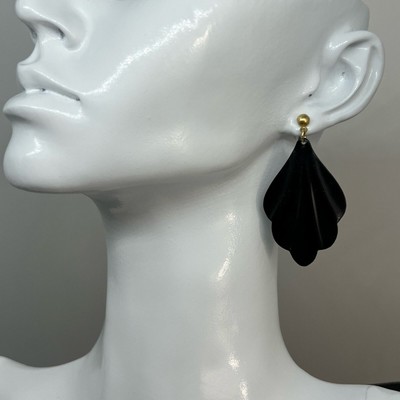 Vintage 70s Black Fan Dangle Earrings Leaf Shape Post Back Statement Jewelry-image
