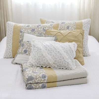 6 Piece Cotton Percale Quilt Set with Throw Pillows Yellow King/Cal King-image