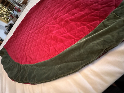 Pottery Barn Deep Red + Sage Green Velvet Quilted Tree Skirt 58” Missing Buttons-image