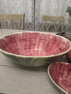 Large 15” Half Watermelon Ceramic Bowl w. 3 Smaller Bowls Italy Hand Painted-image