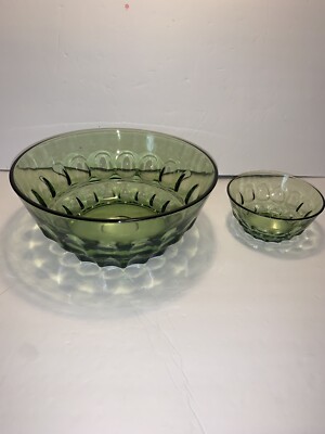 Vintage Glass Thumbprint Large & Small Bowls Green Chip & Dip-image