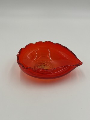 Collectable MCM Orange Hand Blown Art Studio Glass Leaf Shaped Bowl-image
