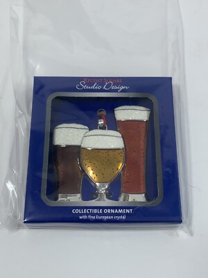 REGENT SQUARE STUDIO DESIGN BEER GLASSES W/ EUROPEAN CRYSTALS HOLIDAY ORNAMENT-image