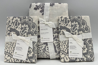 Pottery Barn Lucianna Medallion Percale King Cal King Duvet 2 King Shams Gr #H15-image