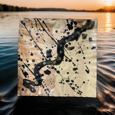 Studio Art OOAK Pottery LG Heavy Square Stoneware Platter Jackson Pollock-Like-image