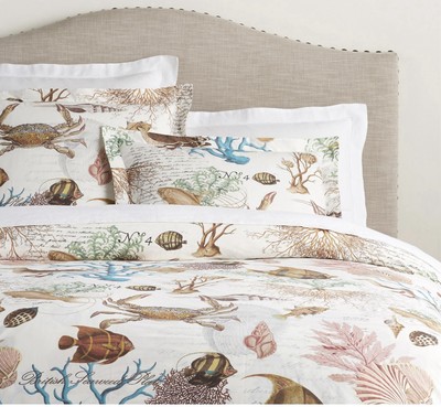 Pottery Barn Coastal Sealife Queen Duvet w/ 1 Std Sham RARE! Hard To find-image