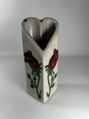 Heart Shaped Studio Pottery Vase Signed Flower Vine Artist 5” Handmade-image