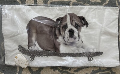 Pottery Barn Teen ~ENGLISH BULLDOG ~ PARTY DOGS~ PILLOW Cover ~SKATEBOARD CUTE!-image
