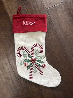 New Pottery Barn Crewel Icon Candy Cane Embroidered Christmas Stocking *Janessa-image