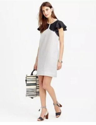 J. Crew Women's Dip Dyed Linen Flutter Sleeve Shift Dress Size L NWT Black White-image