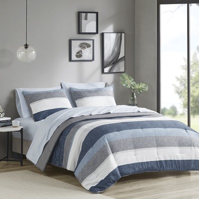 Stripe Comforter Set with Bed Sheets Blue/Grey Full-image