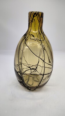 Studio Art Glass Hand Blown Bottle Shaped Amber Vase with Black Threading 8.5 