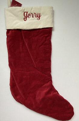 POTTERY BARN CLASSIC VELVET CHRISTMAS STOCKING *JERRY* RED IVORY LARGE NEW-image