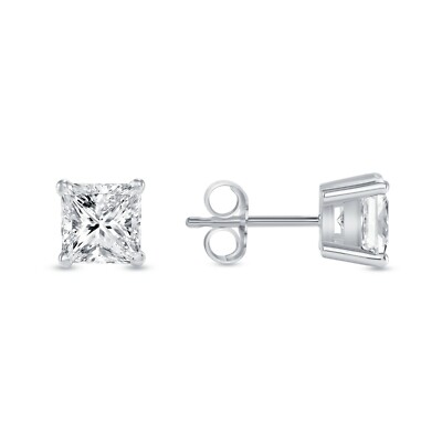 1.75 Ct Princess Created Diamond Earrings Studs Real 14K White Gold Basket Push-image
