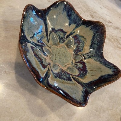 Studio Pottery dish blue flower shaped stunning!  Signed-image