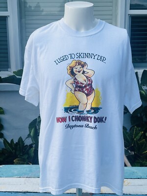 Vtg 90s Florida Funny Cartoon Swim Skinny Dip Body Positive Humor Tshirt Tee LRG-image