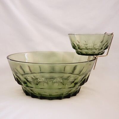 Thumbprint REFLECTION Green Glass Chip & Dip Set Large Small Bowls + Bracket Vtg-image