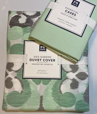 POTTERY BARN DORM GEO GARDEN GREEN GRAY DUVET COVER FULL/QUEEN + PILLOW CASES-image