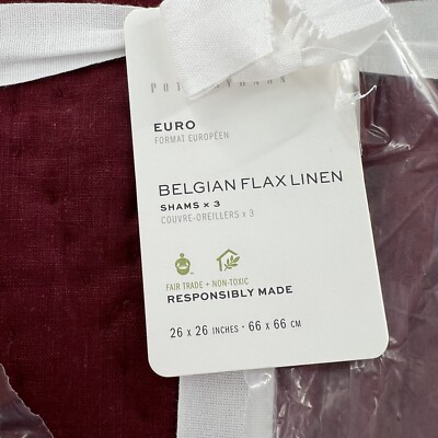 Pottery Barn EURO Set of 3 Merlot Belgian Flax Linen Stitch Quilted Shams New-image