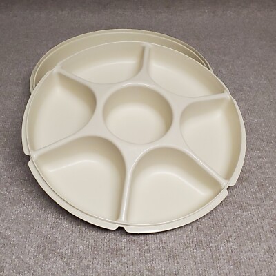 Tupperware Divided Veggie Snack Fruit Serving Tray Almond 1665 Dip Bowl with Lid-image