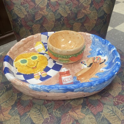 Hamburger Hot Dog Chip Dip Tray Hand Painted Ceramic Bowl Beach Side Summer Fun-image