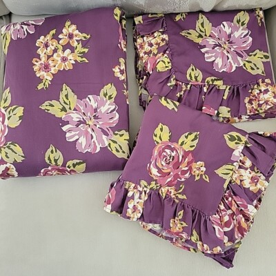 HTF 3pc Pottery Barn Full/Queen Purple Floral Duvet Shams Ruffle Shabby Roses-image