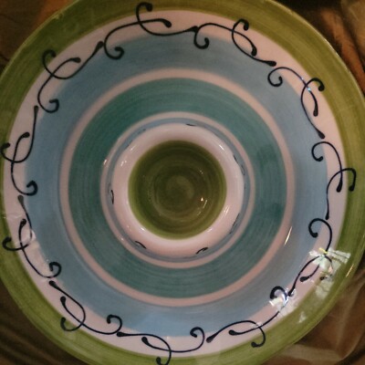 Crate and Barrel large chip and dip server handpainted redware blue green -image