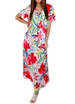 Emily Wonder Womens Delightful Dip Maxi Dress Tropical Floral Tie Waist L New-image