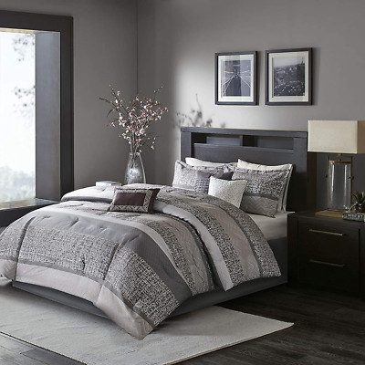 Queen Size Luxury Striped Grey/Taupe Comforter Set (7 Pieces) All-Season Bedding-image