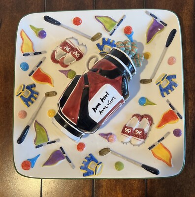 WORLD BAZAAR Chip/Dip Ceramic Platter Golf Bag Holds Dips 13” x 13”-image