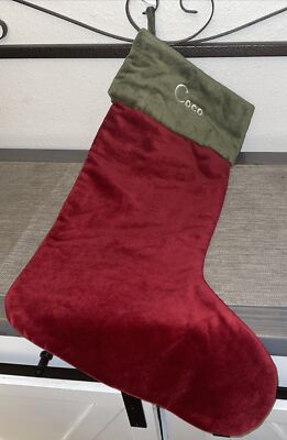 NEW! POTTERY BARN CLASSIC VELVET CHRISTMAS STOCKING *CoCo* RED/GREEN CUFF-image