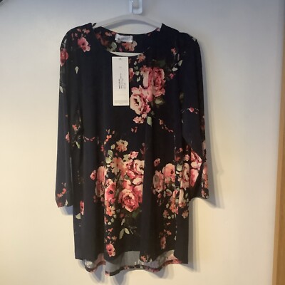 ANAMOR Navy Rose 3/4 Sleeve, round neck stretch tunic top. (L) NEW-image