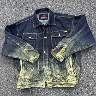 FUBU Jean Jacket Adult XXL Blue Yellow Dip Dye Denim Button Ltd Edition Spellout-image