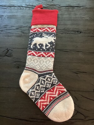 Pottery Barn Kids Natural Fair Isle knit Moose stocking Christmas New NO MONO-image