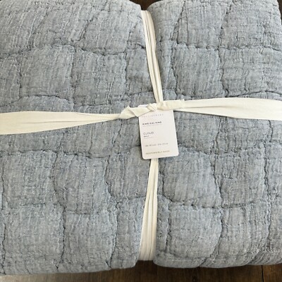 POTTERY BARN CLOUD HANDCRAFTED COTTON/LINEN QUILT ~ KING/CAL KING ~ STEEL BLUE-image