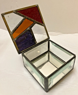 VINTAGE LEADED STAINED STUDIO ART GLASS TRINKET BOX - ABSTACT - ARTIST SIGNED-image