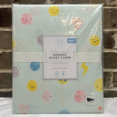 Pottery Barn Kids Organic Duvet Cover Twin Funny Faces Emoji Diamond Happy NEW-image