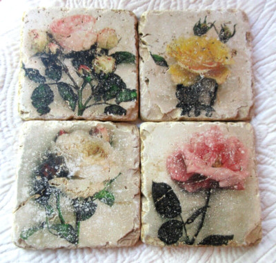 STUDIO VERTU VINTAGE COASTER TRIVET SET OF 4 TUMBLED MARBLE DEBORAH SCHENCK USA-image