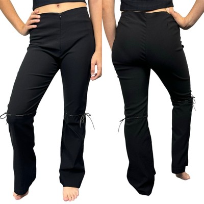 Vintage Y2K Dip Zip Waist Tie Knee Black Bootcut Mid Rise Pants By Cache Size L-image