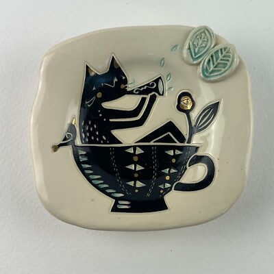 Reiko Miyagi Studio Pottery Bowl Kitty Cat Bird Sgraffito Handmade Footed Dish-image