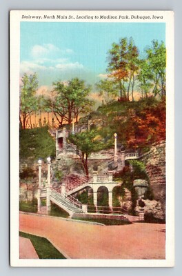 Stairway North Main Street Madison Park Dubuque Iowa Vintage Unposted Postcard-image