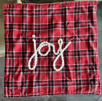 Pottery Barn JOY Red Plaid Embroidered Christmas Pillow Cover 20X20” Square EXC!-image