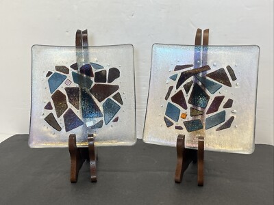 2 Kurt McVay Art Glass Square Dishes Carnival Iridescent Fused Geometric Signed-image