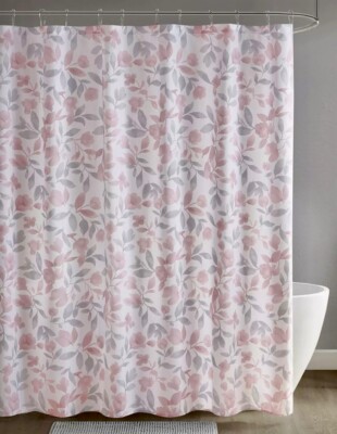 Madison Park Shower Curtain 17 pc Set Bath Rug Hooks Pump  - Pink Floral - New-image