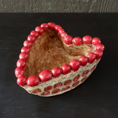 Vintage Handmade Studio Art Clay Pottery Heart Shaped Trinket Dish-image