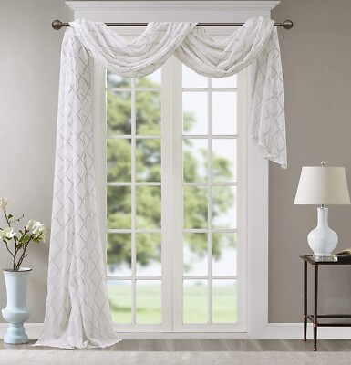 Luxury Extra Long White & Grey Diamond Sheer Embroidered Window Scarf - 50x216