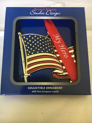 REGENT SQUARE STUDIO DESIGN FLAG “MY HERO” HOLIDAY ORNAMENT NEW IN BOX-image