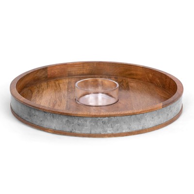 Wooden & Iron Chip Dip Serving Tray w/Glass Dip Bowl | Extra Large Decorative...-image