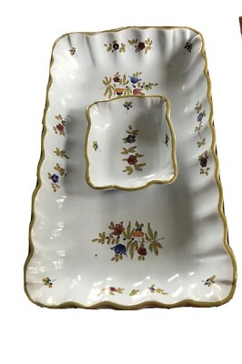 BEAUTIFUL VINTAGE HAND PAINTED ITALY SNACK TRAY WITH ATTACHED DIP BOWL FLORAL-image